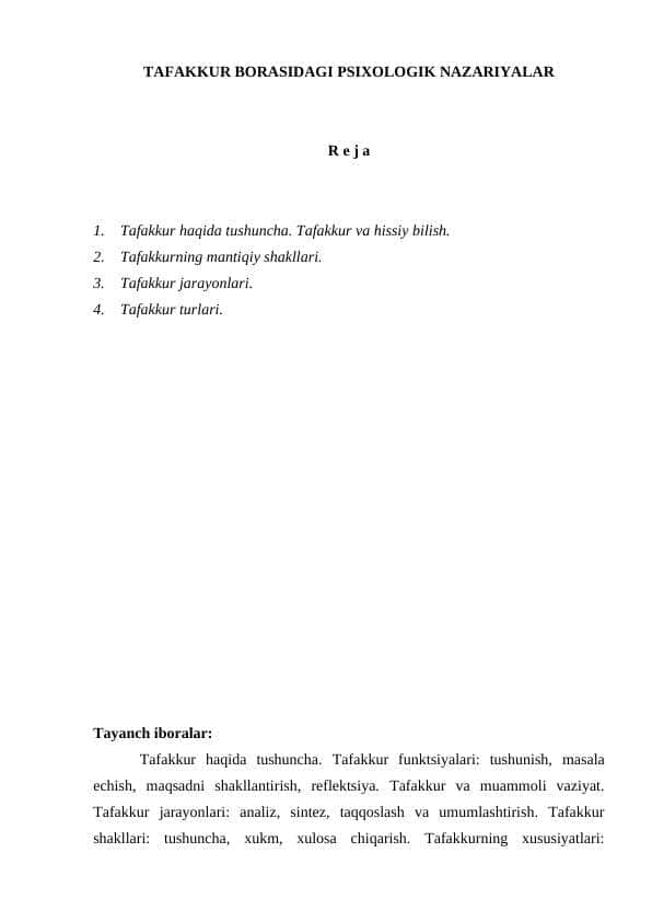 TAFAKKUR BORASIDAGI PSIXOLOGIK NAZARIYALAR
