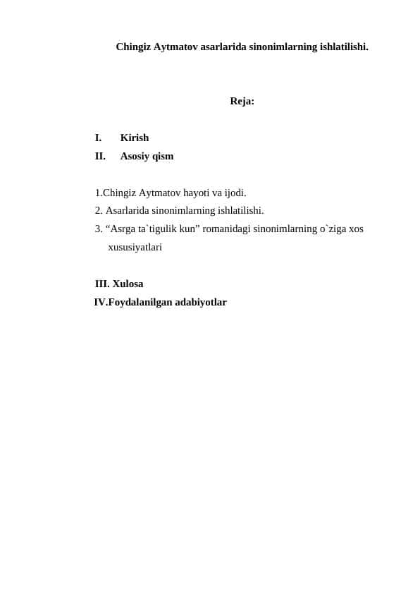 Chingiz Aytmatov asarlarida sinonimlarning ishlatilishi.