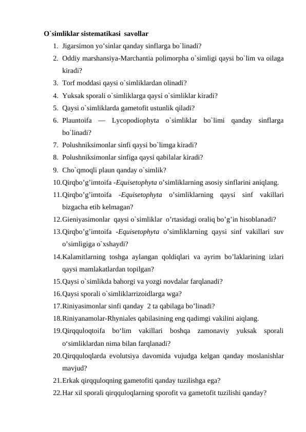 O`simliklar sistematikasi savollar