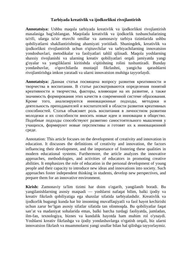Tarbiyada kreativlik va ijodkorlikni rivojlantirish