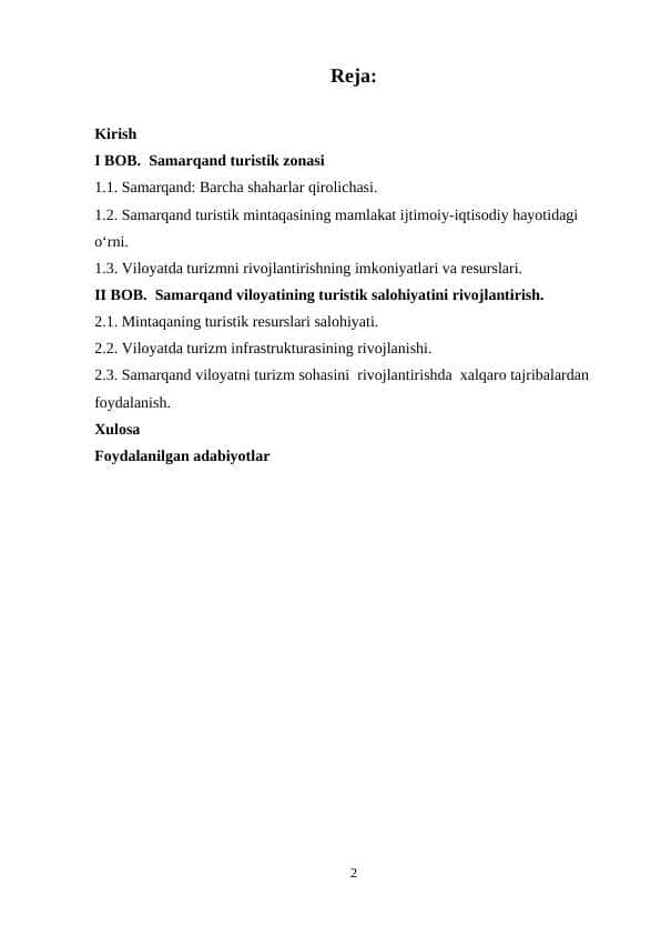 Samarqand viloyatining turistik salohiyatini rivojlantirish.