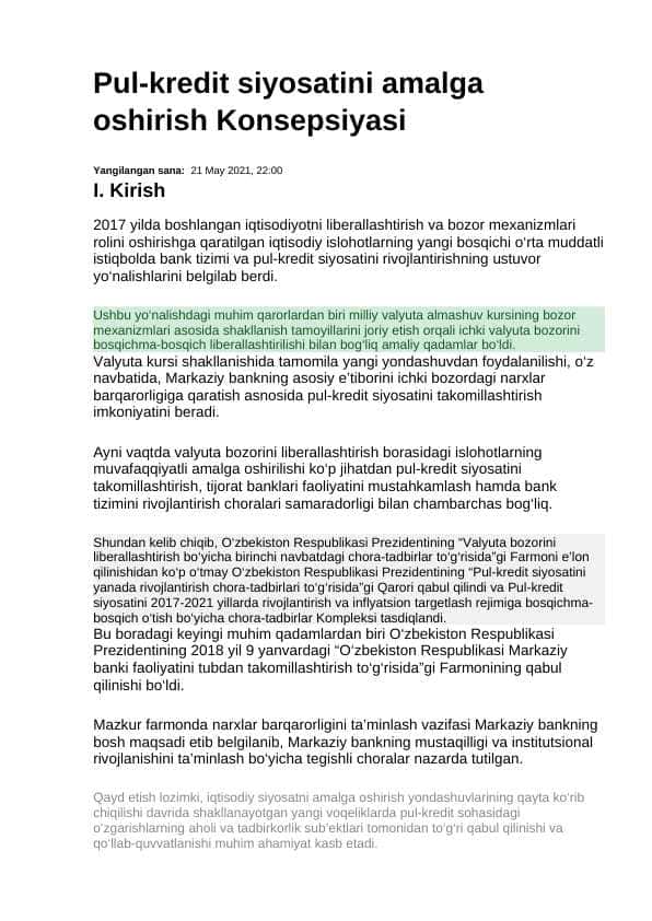 Pul-kredit siyosatini amalga oshirish Konsepsiyasi