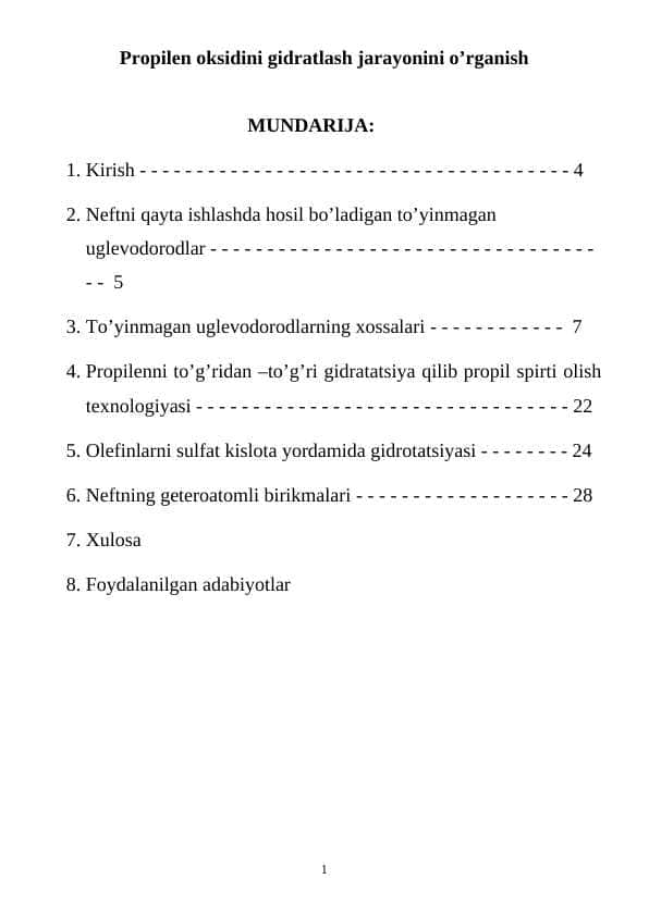 Propilen oksidini gidratlash jarayonini o’rganish