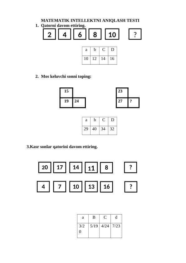 MATEMATIK INTELLEKTNI ANIQLASH TESTI. Temurbeklar maktabiga kirish uchun