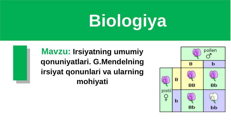 Irsiyatning umumiy qonuniyatlari. G.Mendelning irsiyat qonunlari va ularning mohiyati