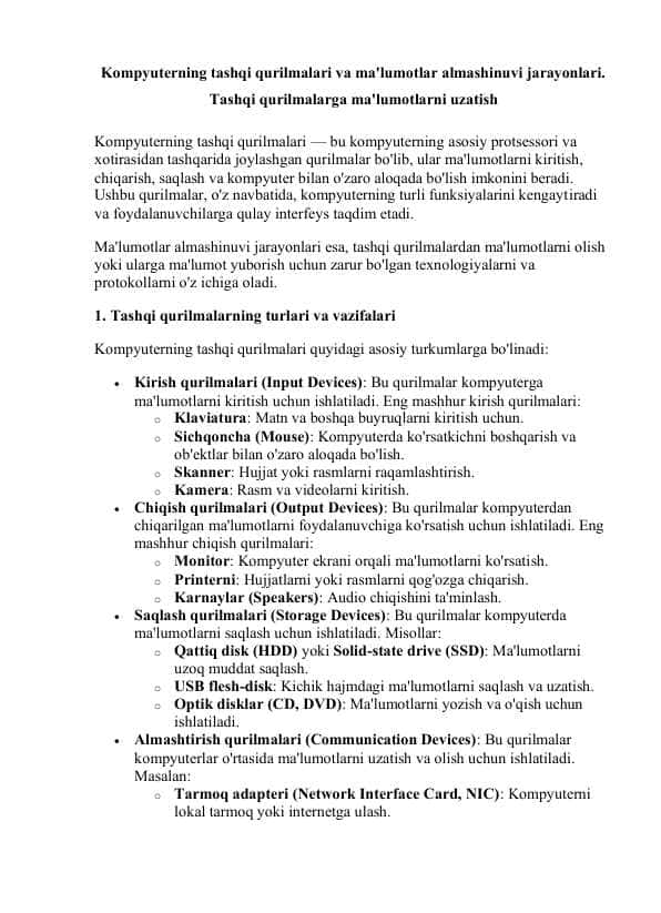 Kompyuterning tashqi qurilmalari va ma'lumotlar almashinuvi jarayonlari. Tashqi qurilmalarga ma'lumotlarni uzatish