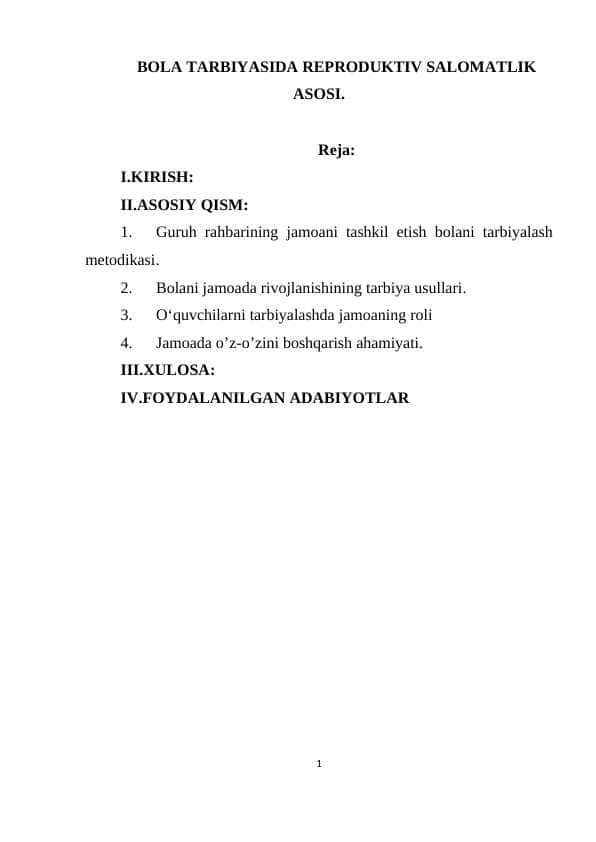 BOLA TARBIYASIDA REPRODUKTIV SALOMATLIK