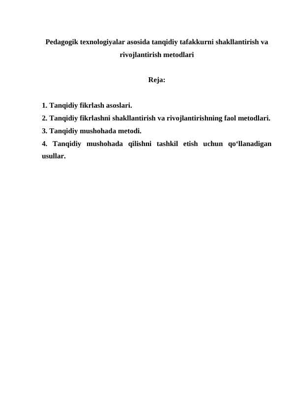 Pedagogik texnologiyalar asosida tanqidiy tafakkurni shakllantirish va rivojlantirish metodlari
