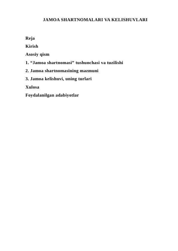 JAMOA SHARTNOMALARI VA KELISHUVLARI