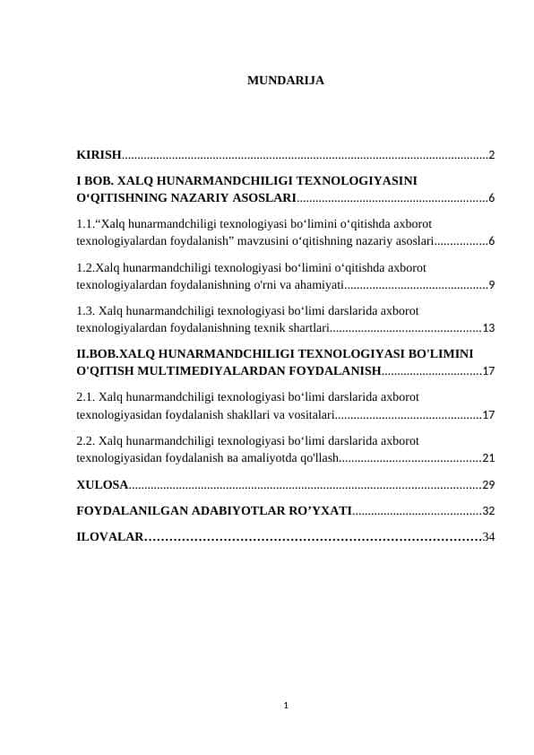 xalq hunarmandchiligi texnologiyasi bo'limini o'qitish multimediyalardan foydalanish