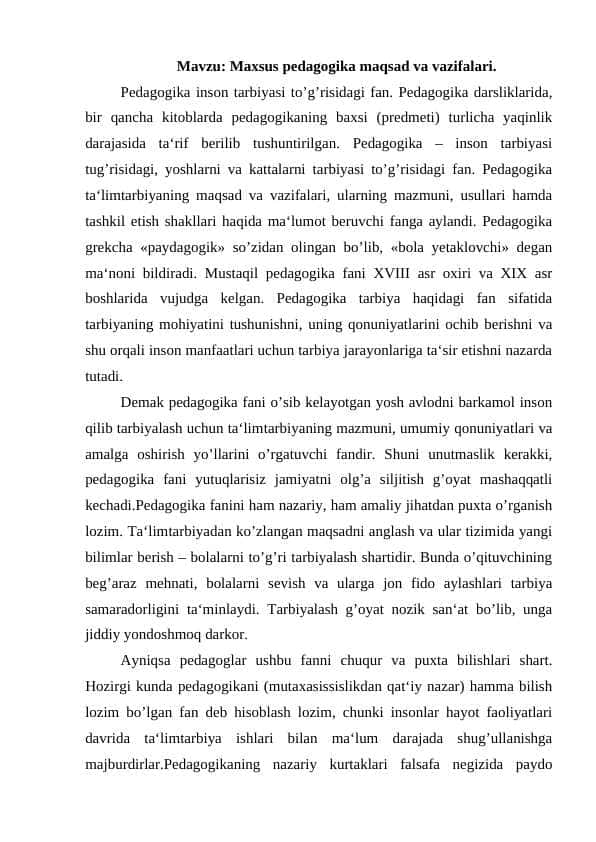 Maxsus pedagogika maqsad va vazifalari.