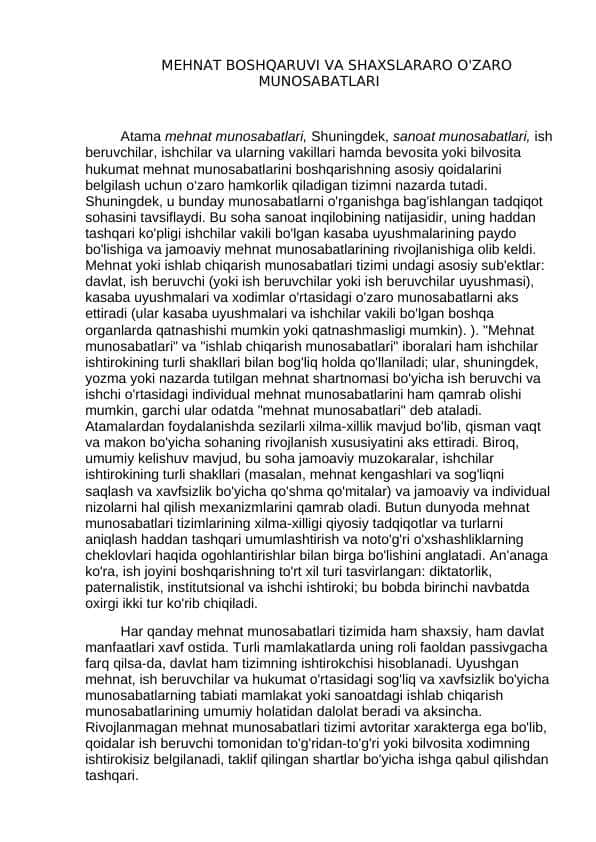 MEHNAT BOSHQARUVI VA SHAXSLARARO O'ZARO MUNOSABATLARI