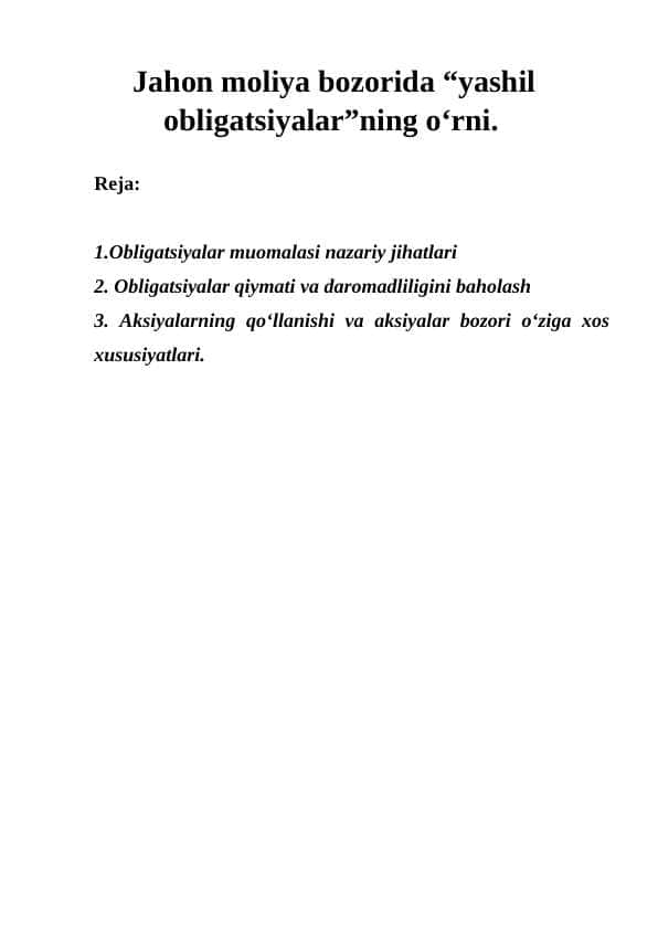 Jahon moliya bozorida “yashil obligatsiyalar”ning o‘rni.