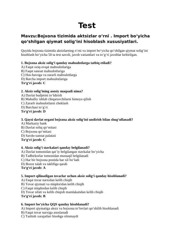 Bojxona tizimida aktsizlar oʻrni . Import boʻyicha qoʻshilgan qiymat soligʻini hisoblash xususiyatlari.