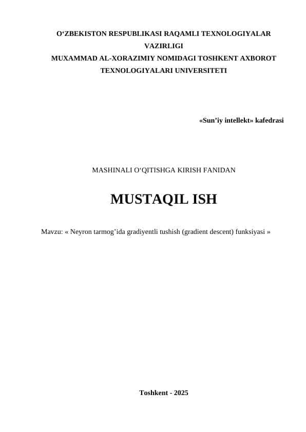 Neyron tarmog’ida gradiyentli tushish (gradient descent) funksiyasi