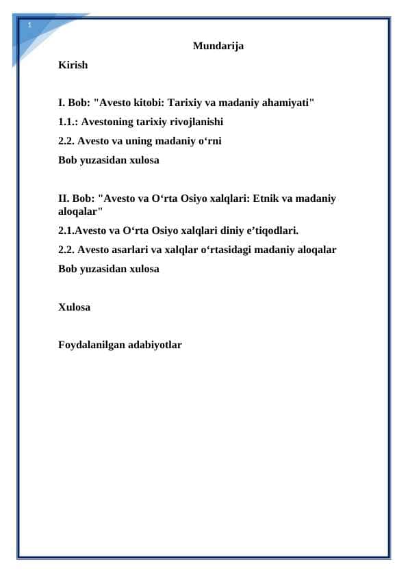 Avesto Oʻrta Osiyo xalqlarini oʻrganishda muhim manba kurs ishi