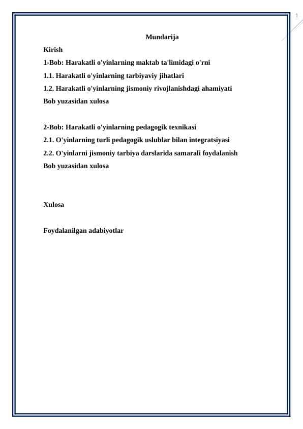 Maktab jismoniy tarbiya darslarida xarakatli o'yinlarni pedagogik axamiyati. KURS ISHI