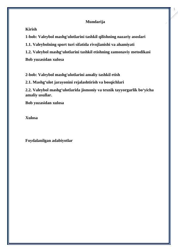Valeybol mashg'ulotlarini kurs ishi