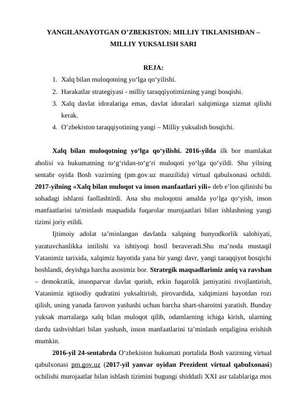 YANGILАNАYOTGАN O’ZBEKISTОN MILLIY TIKLАNISHDАN – MILLIY YUKSАLISH SАRI