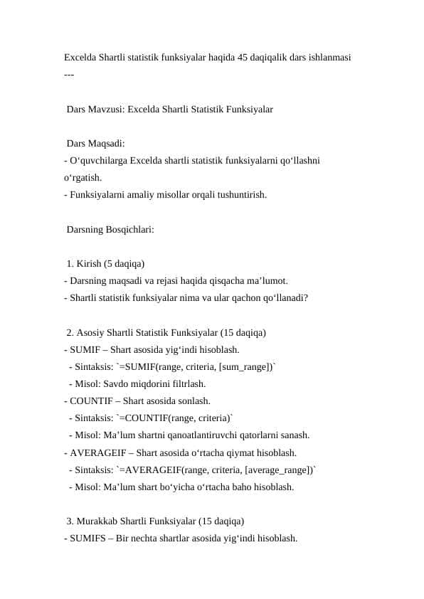 Excelda Shartli Statistik Funksiyalar ( Dars ishlanma )