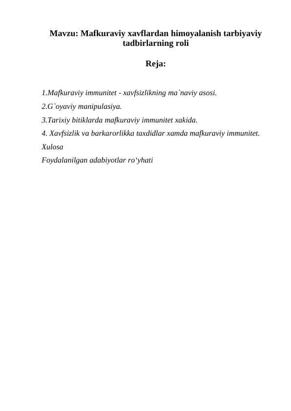 Mafkuraviy xavflardan himoyalanish tarbiyaviy tadbirlarning roli