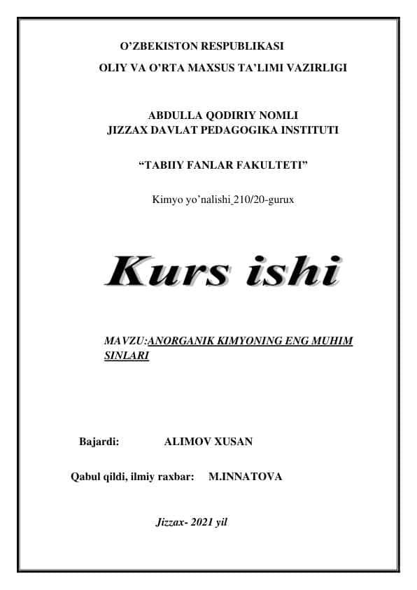 ANORGANIK KIMYONING ENG MUHIM SINLARI kurs ishi