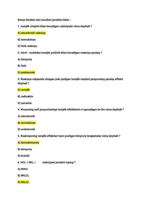 Kimyo / test savol-javoblar / 25 ta test