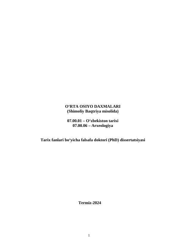 OʻRTA OSIYO DAXMALARI (Shimoliy Baqtriya misolida)