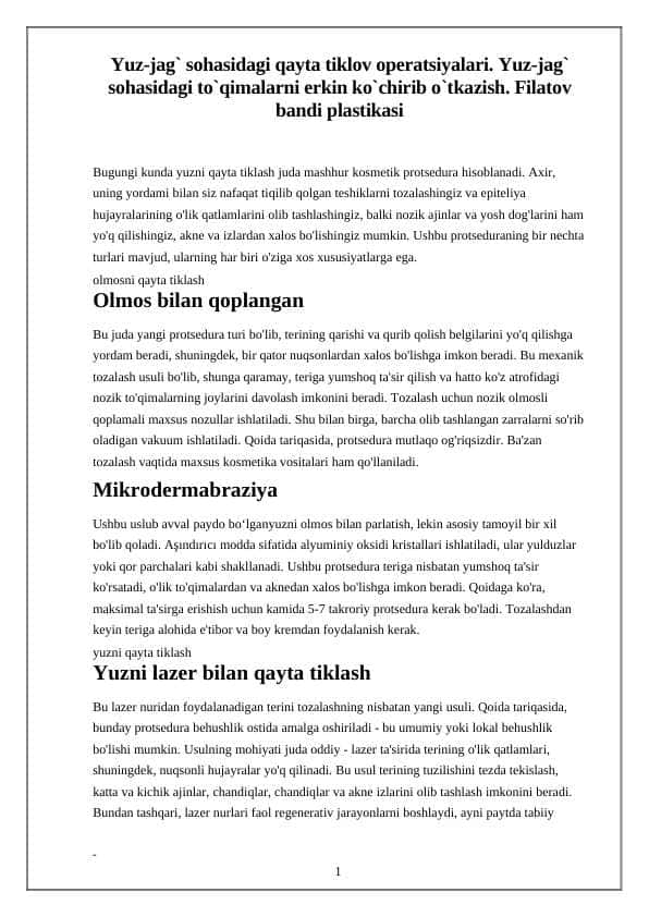 Yuz-jag` sohasidagi qayta tiklov operatsiyalari. Yuz-jag` sohasidagi to`qimalarni erkin ko`chirib o`tkazish. Filatov bandi plastikasi