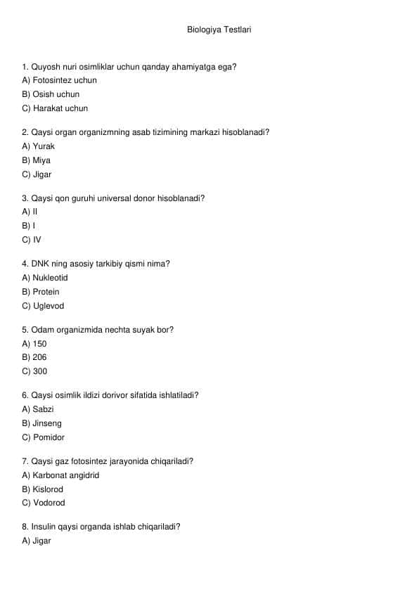 Biologiya fani test