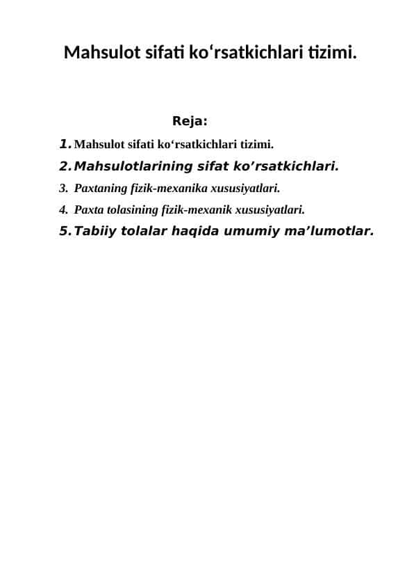 Mahsulot sifati ko‘rsatkichlari tizimi.