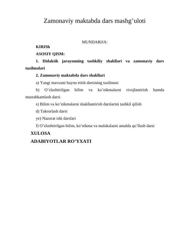 Zamonaviy maktabda dars mashg’uloti