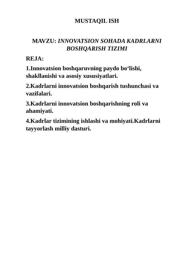 INNOVATSION SOHADA KADRLARNI BOSHQARISH TIZIMI