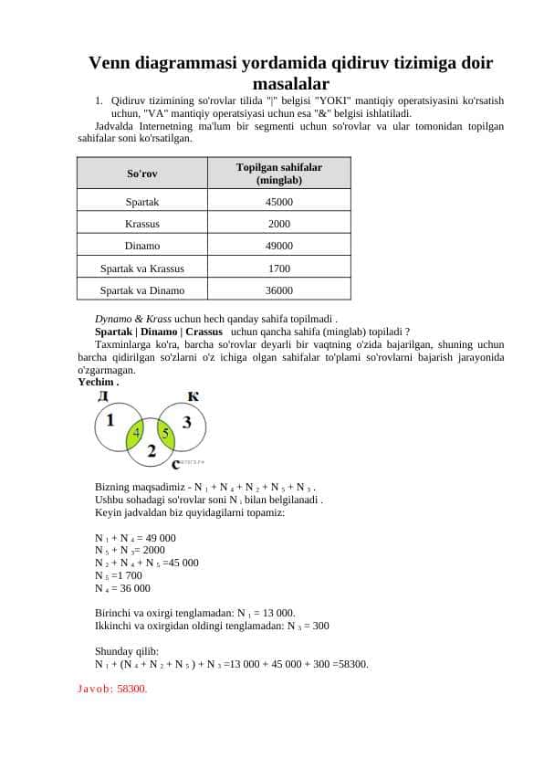 Venn diagrammasi yordamida qidiruv tizimiga doir masalalar