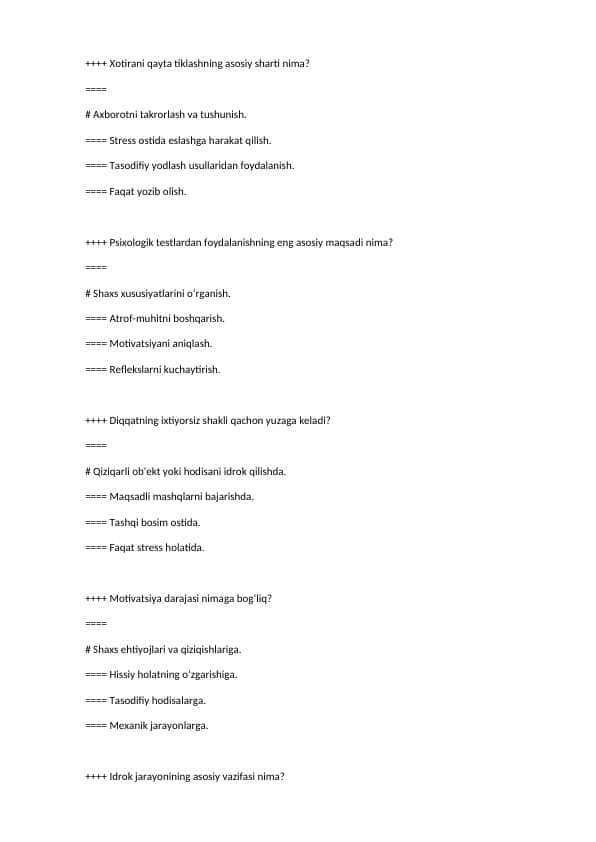 Test Umumiy psixologiya