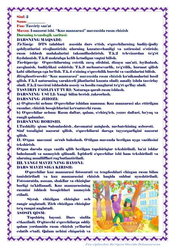 DARS ISHLANMA_2-SINF_8-mavzu. 1-nazorat ishi. “Kuz manzarasi” mavzusida rasm chizish