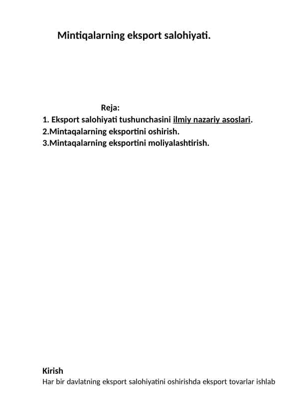 Mintiqalarning eksport salohiyati.