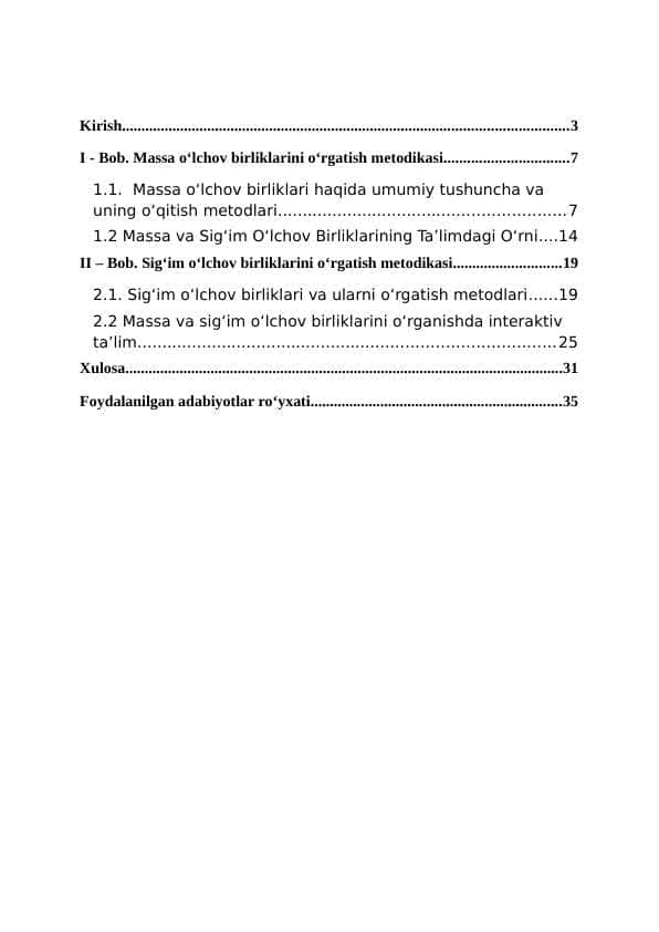 Massa, sigʼim oʻlchov birliklarini oʻrgatish metodikasi