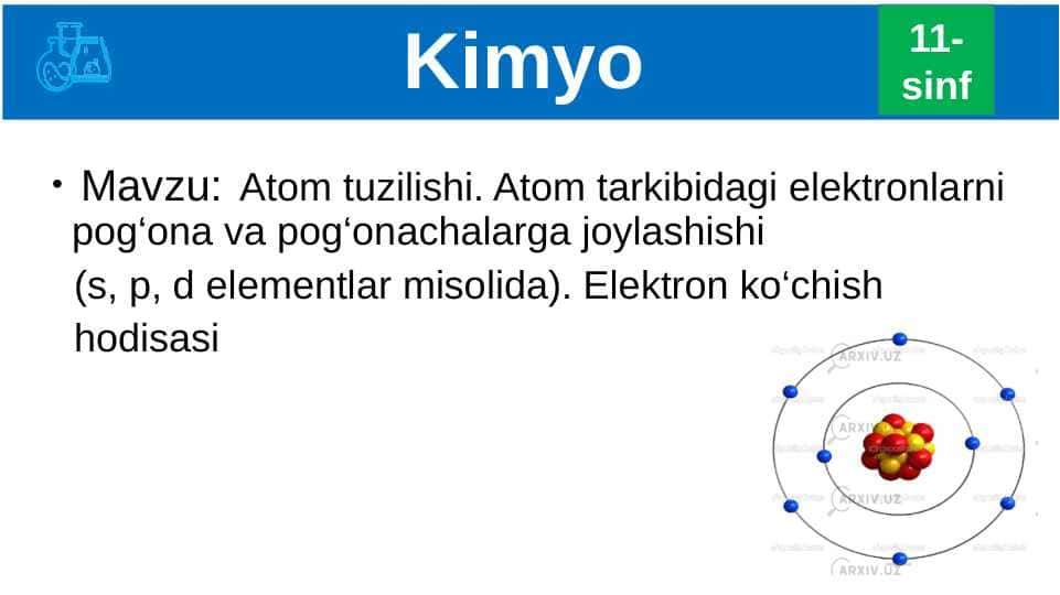 Atom tuzilishi. Atom tarkibidagi elektronlarni pog‘ona va pog‘onachalarga joylashishi 11-sinf