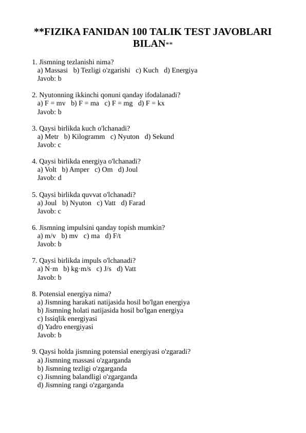 FIZIKA FANIDAN 100 TA TEST JAVOBLARI BILAN