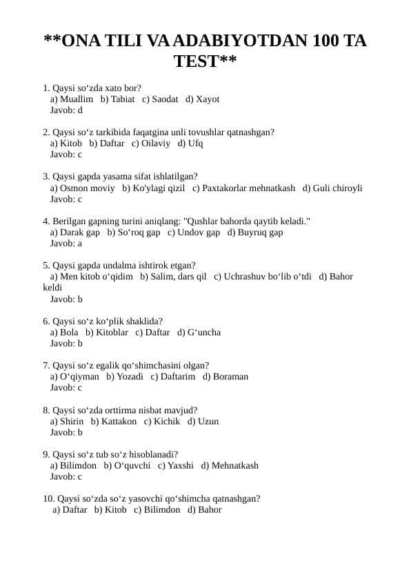 ONA TILI VA ADABIYOTDAN 100 TA TEST