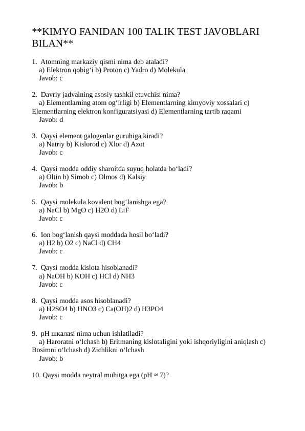 KIMYO FANIDAN 100 TA TEST JAVOBLARI BILAN