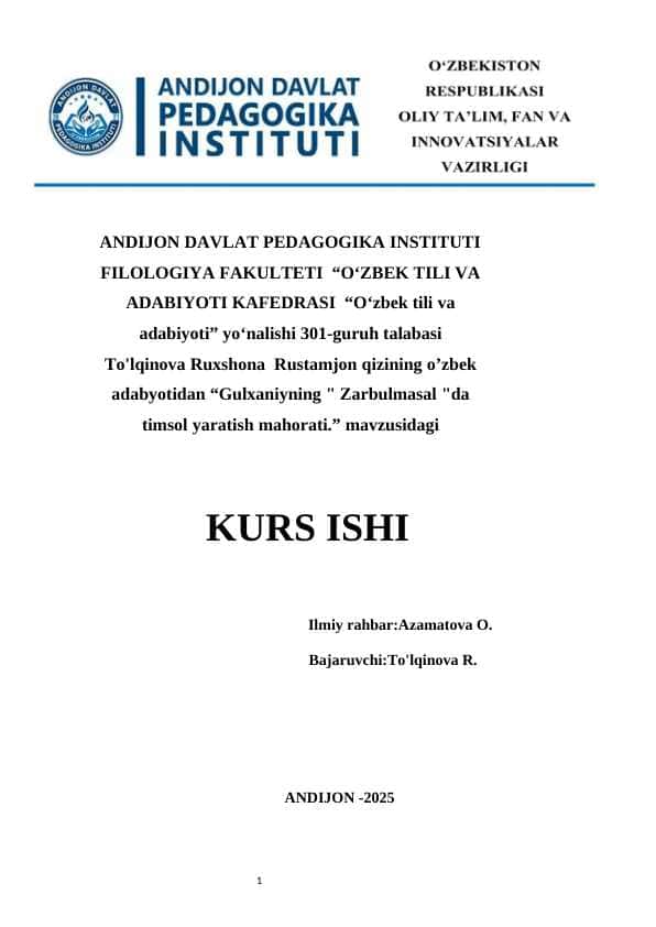 Gulxaniyning Zarbulmasal da timsol yaratish mahorati.