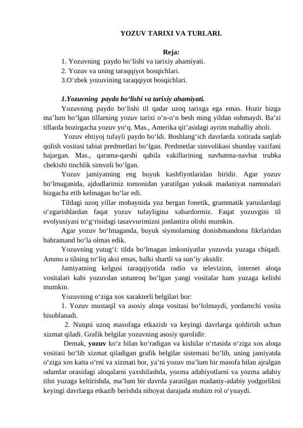 YOZUV TARIXI VA TURLARI