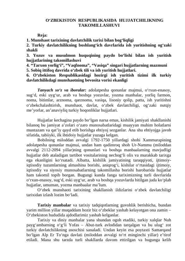 O‘ZBEKISTON RESPUBLIKASIDA HUJJATCHILIKNING TAKOMILLASHUVI