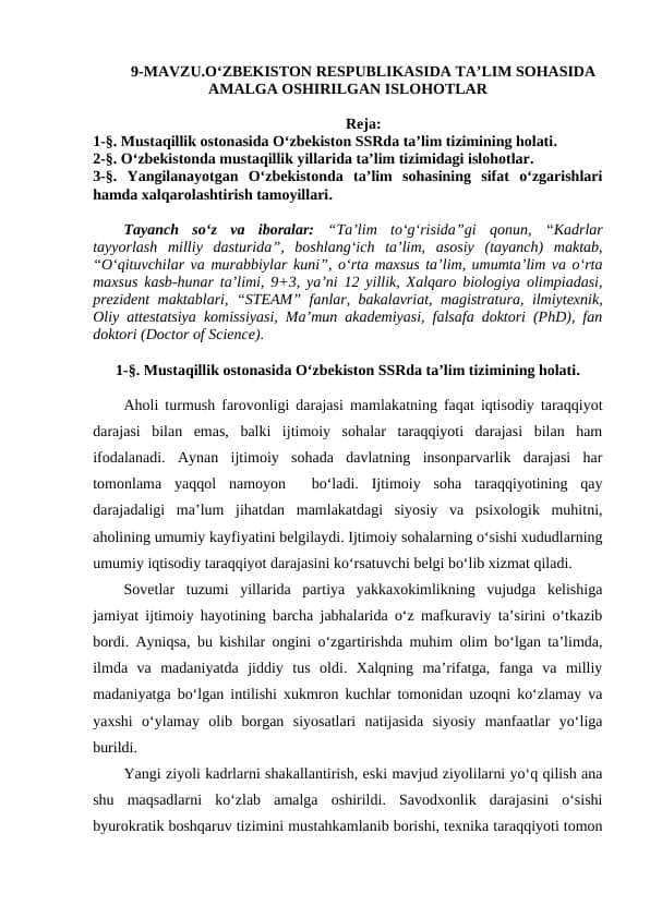 O‘ZBEKISTON RESPUBLIKASIDA TA’LIM SOHASIDA AMALGA OSHIRILGAN ISLOHOTLAR