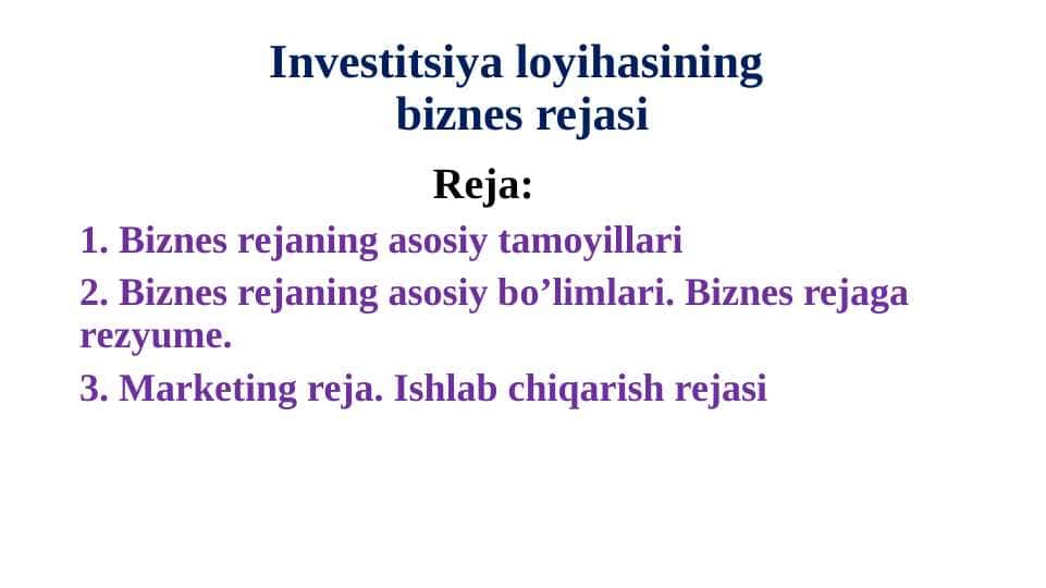 Investitsiya loyihasining biznes rejasi