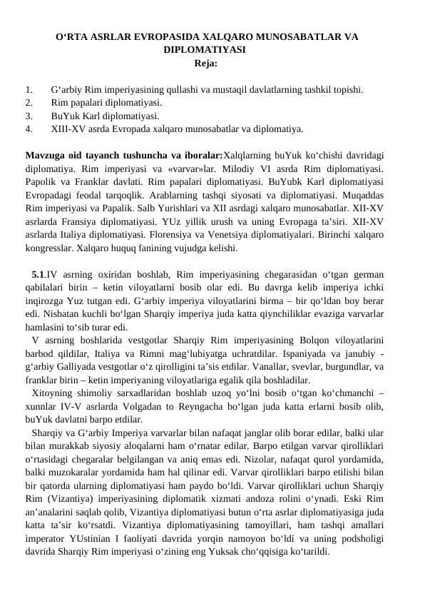 O‘RTA ASRLAR EVROPASIDA XALQARO MUNOSABATLAR VA DIPLOMATIYASI