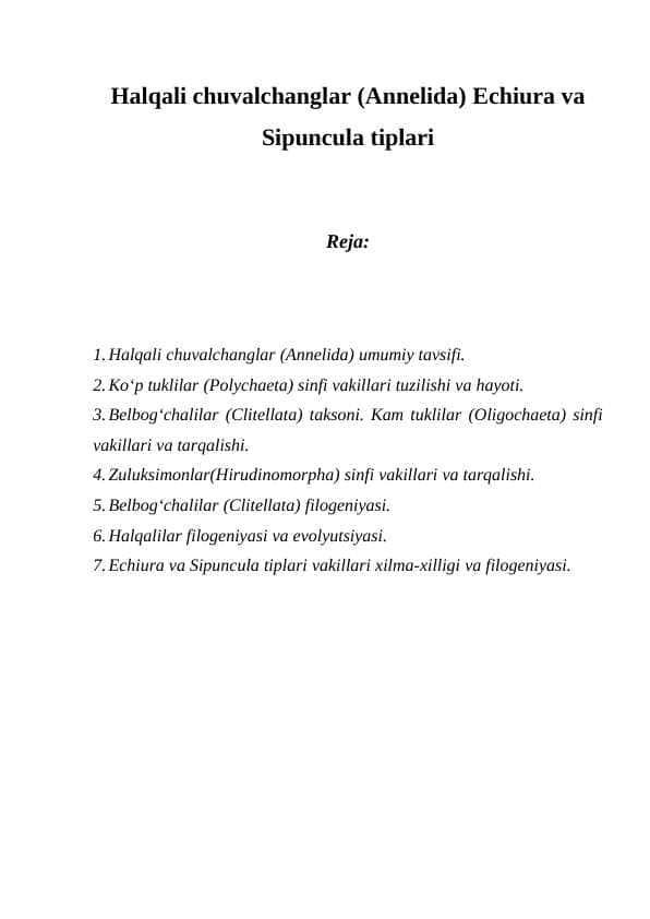 Halqali chuvalchanglar (Annelida) Echiura va Sipuncula tiplari