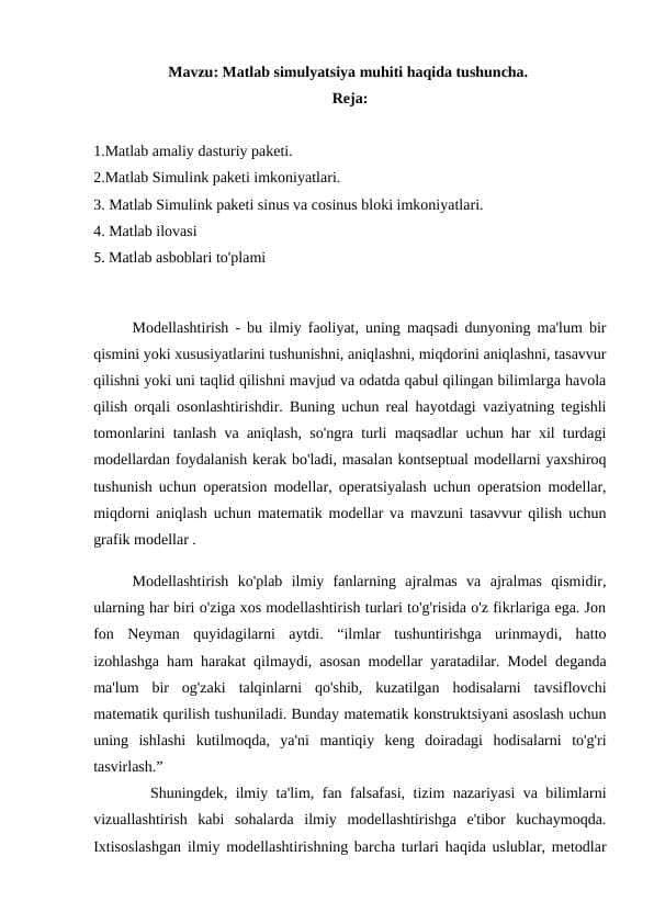 Matlab simulyatsiya muhiti haqida tushuncha